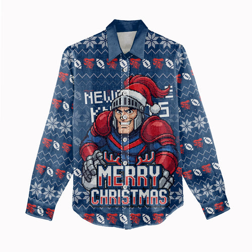 Personalized Newcastle Knights Christmas Women Casual Shirt Australian Rugby Fans - Pixelated Ugly Xmas Pattern Mascot Santa