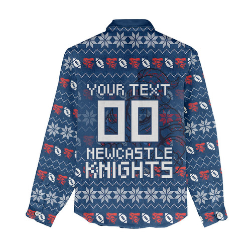 Personalized Newcastle Knights Christmas Women Casual Shirt Australian Rugby Fans - Pixelated Ugly Xmas Pattern Mascot Santa
