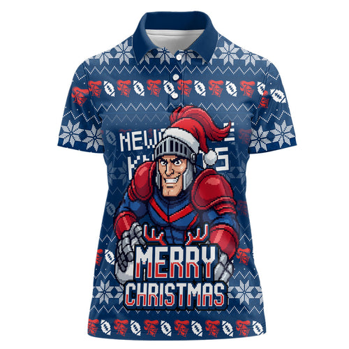 Personalized Newcastle Knights Christmas Women Polo Shirt Australian Rugby Fans - Pixelated Ugly Xmas Pattern Mascot Santa