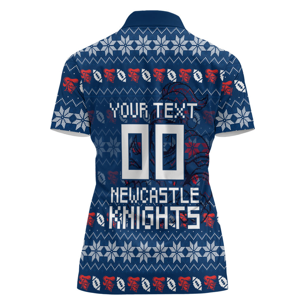 Personalized Newcastle Knights Christmas Women Polo Shirt Australian Rugby Fans - Pixelated Ugly Xmas Pattern Mascot Santa