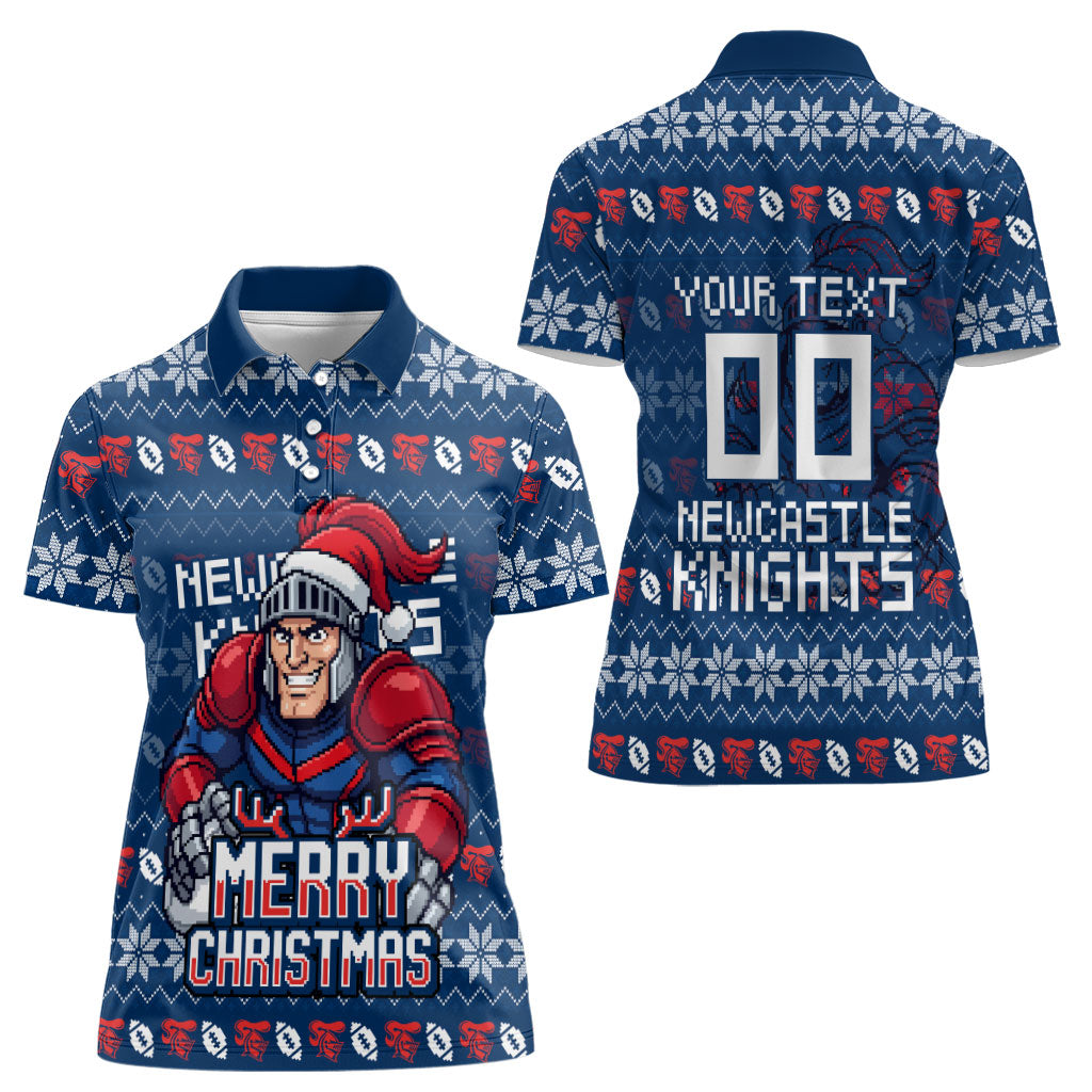 Personalized Newcastle Knights Christmas Women Polo Shirt Australian Rugby Fans - Pixelated Ugly Xmas Pattern Mascot Santa