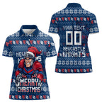 Personalized Newcastle Knights Christmas Women Polo Shirt Australian Rugby Fans - Pixelated Ugly Xmas Pattern Mascot Santa