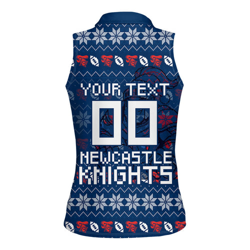 Personalized Newcastle Knights Christmas Women Sleeveless Polo Shirt Australian Rugby Fans - Pixelated Ugly Xmas Pattern Mascot Santa