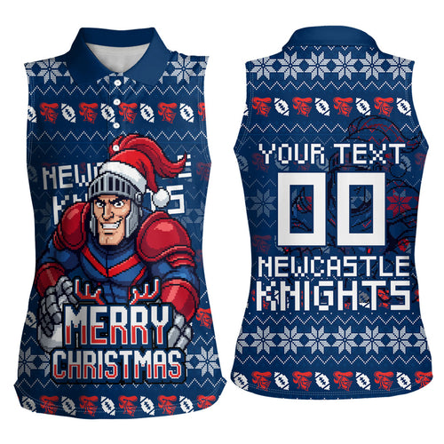 Personalized Newcastle Knights Christmas Women Sleeveless Polo Shirt Australian Rugby Fans - Pixelated Ugly Xmas Pattern Mascot Santa