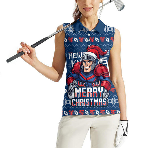 Personalized Newcastle Knights Christmas Women Sleeveless Polo Shirt Australian Rugby Fans - Pixelated Ugly Xmas Pattern Mascot Santa