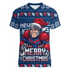 Personalized Newcastle Knights Christmas Women V-Neck T-Shirt Australian Rugby Fans - Pixelated Ugly Xmas Pattern Mascot Santa