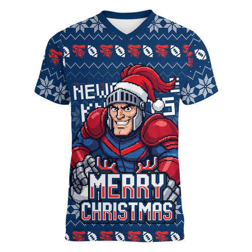 Personalized Newcastle Knights Christmas Women V-Neck T-Shirt Australian Rugby Fans - Pixelated Ugly Xmas Pattern Mascot Santa