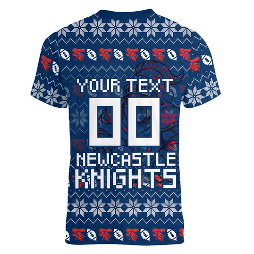 Personalized Newcastle Knights Christmas Women V-Neck T-Shirt Australian Rugby Fans - Pixelated Ugly Xmas Pattern Mascot Santa