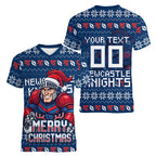 Personalized Newcastle Knights Christmas Women V-Neck T-Shirt Australian Rugby Fans - Pixelated Ugly Xmas Pattern Mascot Santa