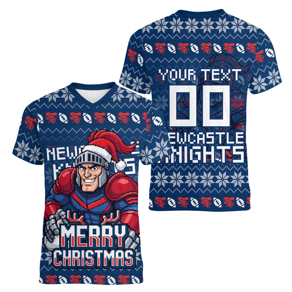 Personalized Newcastle Knights Christmas Women V-Neck T-Shirt Australian Rugby Fans - Pixelated Ugly Xmas Pattern Mascot Santa