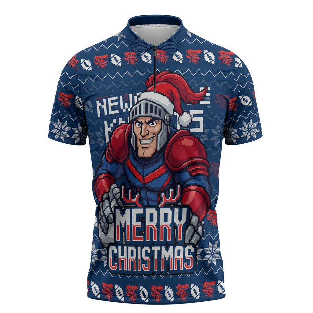 Personalized Newcastle Knights Christmas Zipper Polo Shirt Australian Rugby Fans - Pixelated Ugly Xmas Pattern Mascot Santa