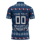 Personalized Newcastle Knights Christmas Zipper Polo Shirt Australian Rugby Fans - Pixelated Ugly Xmas Pattern Mascot Santa
