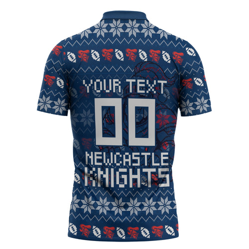 Personalized Newcastle Knights Christmas Zipper Polo Shirt Australian Rugby Fans - Pixelated Ugly Xmas Pattern Mascot Santa