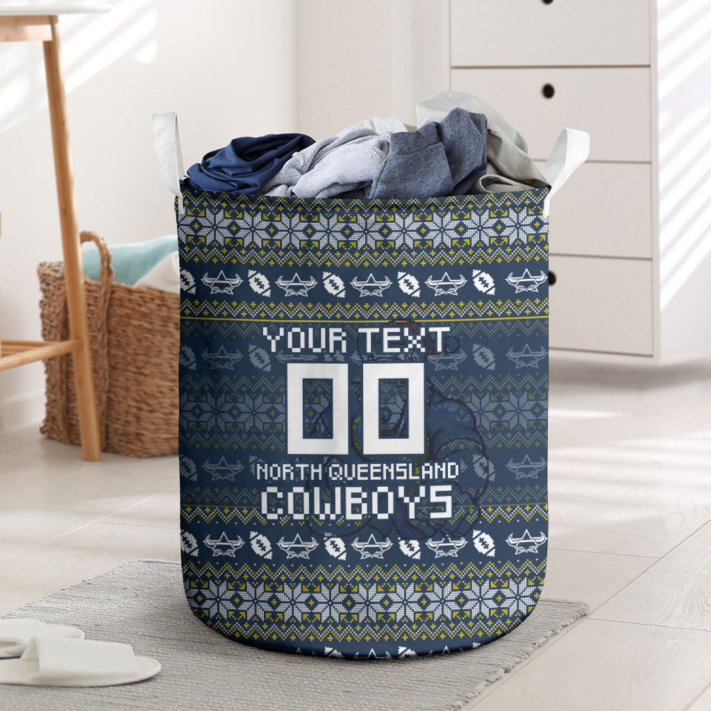 Personalized Cowboys Christmas Laundry Basket Australian Rugby Fans - Pixelated Ugly Xmas Pattern Mascot Santa