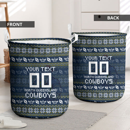 Personalized Cowboys Christmas Laundry Basket Australian Rugby Fans - Pixelated Ugly Xmas Pattern Mascot Santa