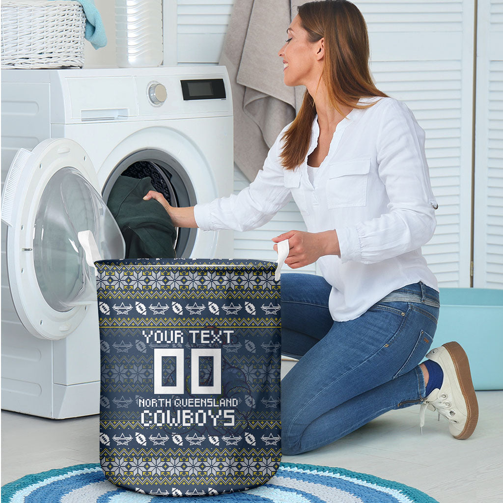 Personalized Cowboys Christmas Laundry Basket Australian Rugby Fans - Pixelated Ugly Xmas Pattern Mascot Santa