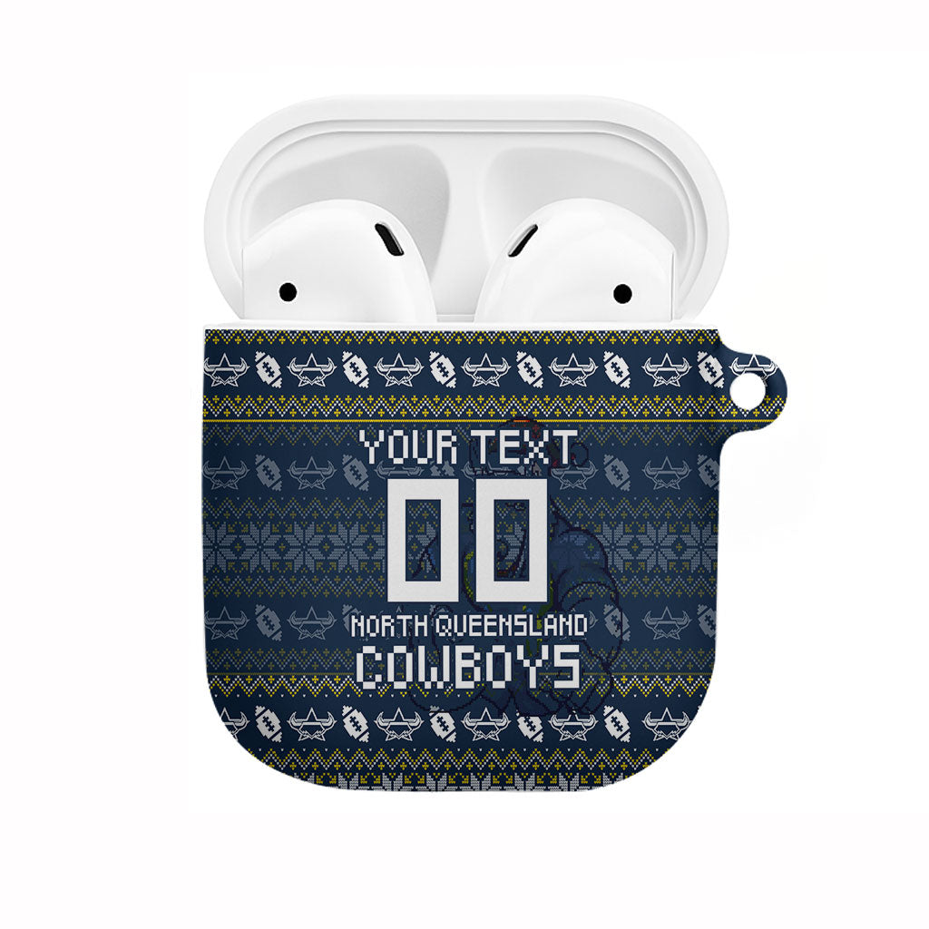 Personalized Cowboys Christmas AirPods Case Australian Rugby Fans - Pixelated Ugly Xmas Pattern Mascot Santa