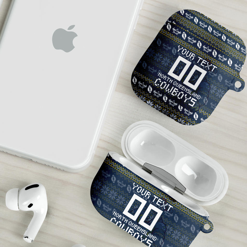 Personalized Cowboys Christmas AirPods Case Australian Rugby Fans - Pixelated Ugly Xmas Pattern Mascot Santa