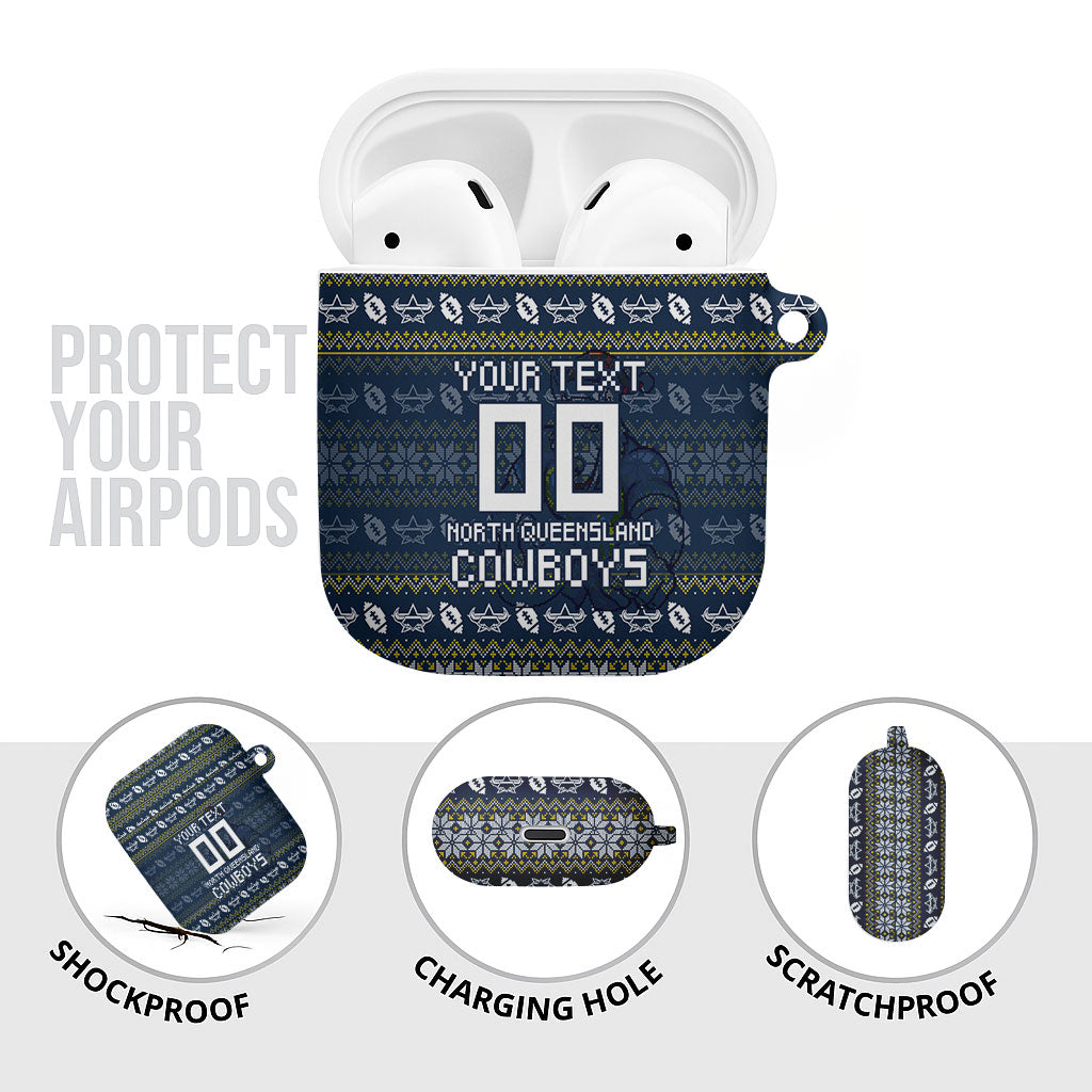 Personalized Cowboys Christmas AirPods Case Australian Rugby Fans - Pixelated Ugly Xmas Pattern Mascot Santa
