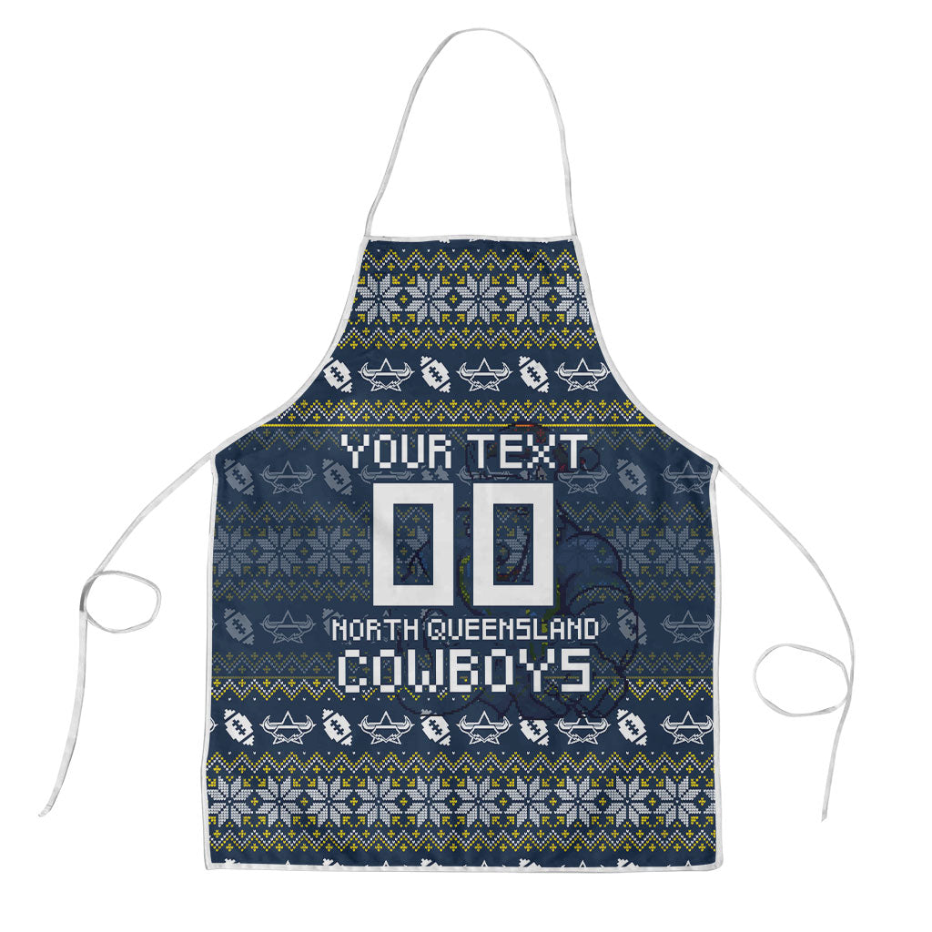 Personalized Cowboys Christmas Apron Australian Rugby Fans - Pixelated Ugly Xmas Pattern Mascot Santa