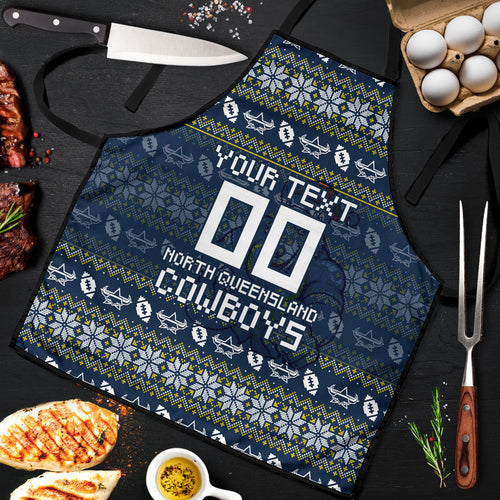 Personalized Cowboys Christmas Apron Australian Rugby Fans - Pixelated Ugly Xmas Pattern Mascot Santa