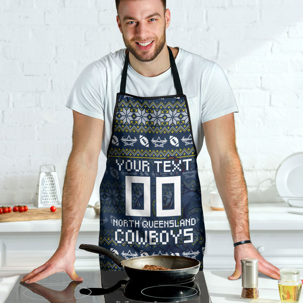 Personalized Cowboys Christmas Apron Australian Rugby Fans - Pixelated Ugly Xmas Pattern Mascot Santa