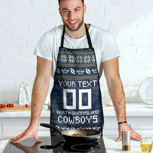 Personalized Cowboys Christmas Apron Australian Rugby Fans - Pixelated Ugly Xmas Pattern Mascot Santa