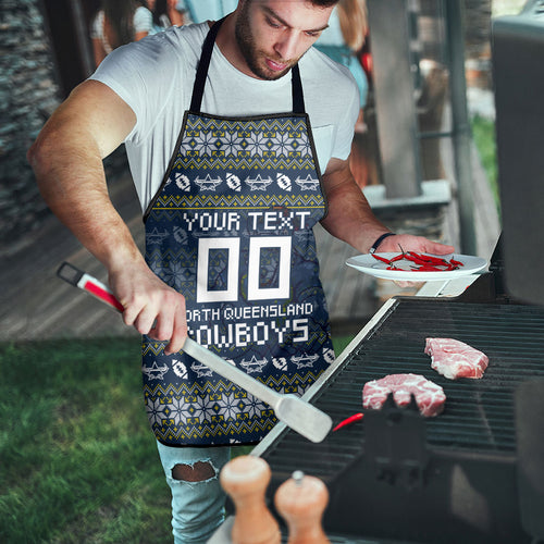Personalized Cowboys Christmas Apron Australian Rugby Fans - Pixelated Ugly Xmas Pattern Mascot Santa