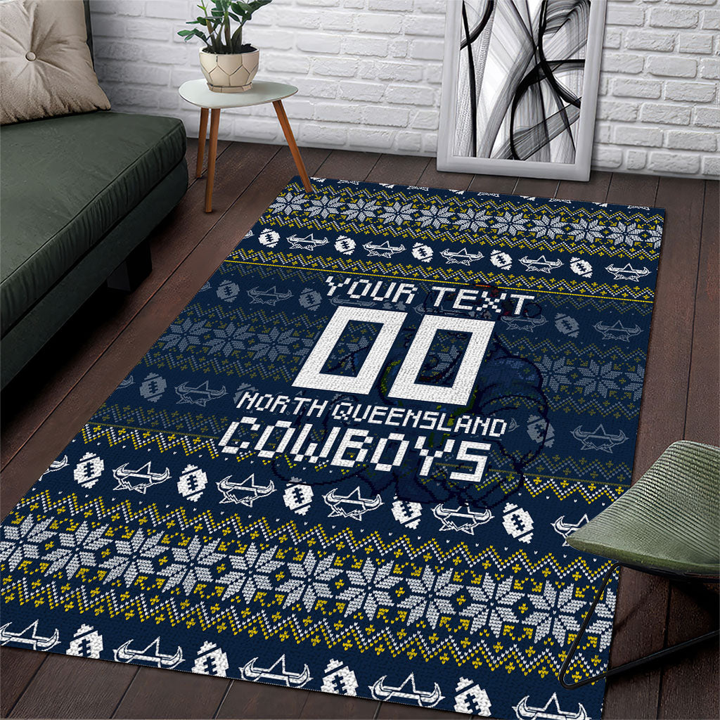 Personalized Cowboys Christmas Area Rug Australian Rugby Fans - Pixelated Ugly Xmas Pattern Mascot Santa