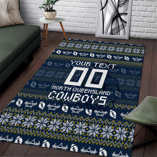 Personalized Cowboys Christmas Area Rug Australian Rugby Fans - Pixelated Ugly Xmas Pattern Mascot Santa
