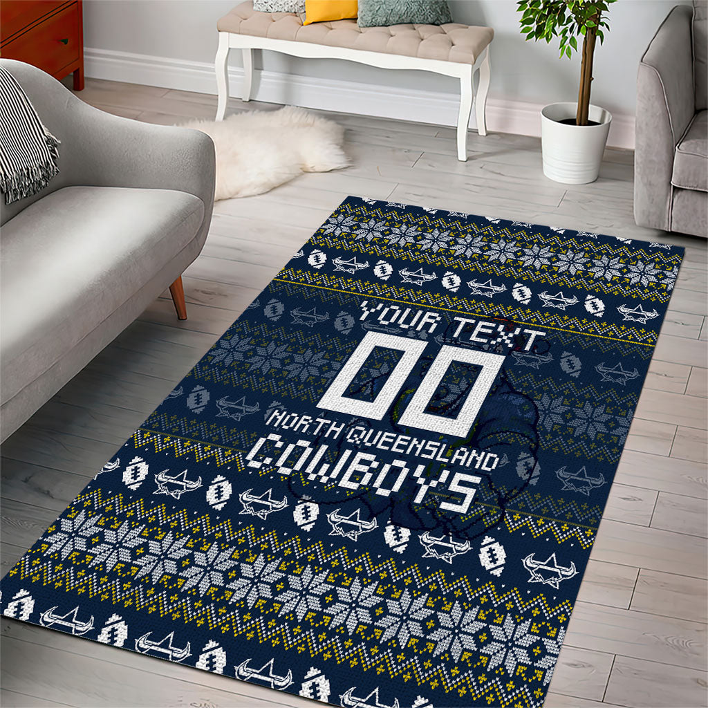 Personalized Cowboys Christmas Area Rug Australian Rugby Fans - Pixelated Ugly Xmas Pattern Mascot Santa
