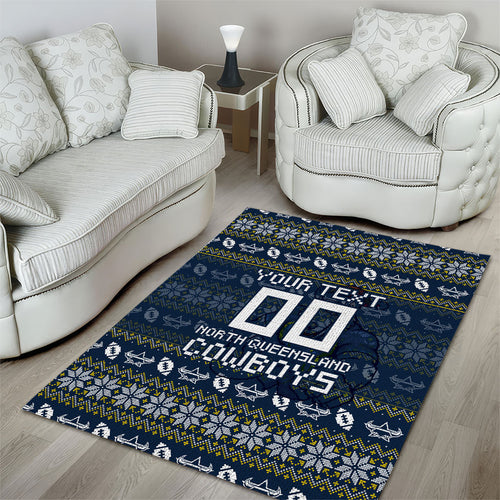 Personalized Cowboys Christmas Area Rug Australian Rugby Fans - Pixelated Ugly Xmas Pattern Mascot Santa