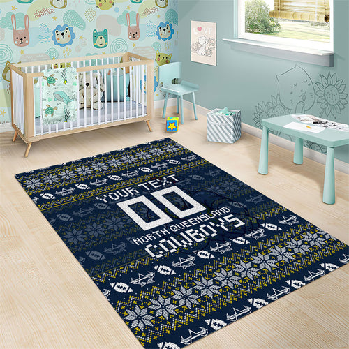 Personalized Cowboys Christmas Area Rug Australian Rugby Fans - Pixelated Ugly Xmas Pattern Mascot Santa