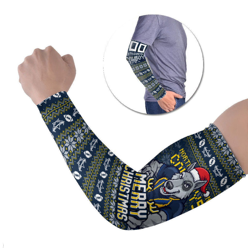 Personalized Cowboys Christmas Arm Sleeves Australian Rugby Fans - Pixelated Ugly Xmas Pattern Mascot Santa