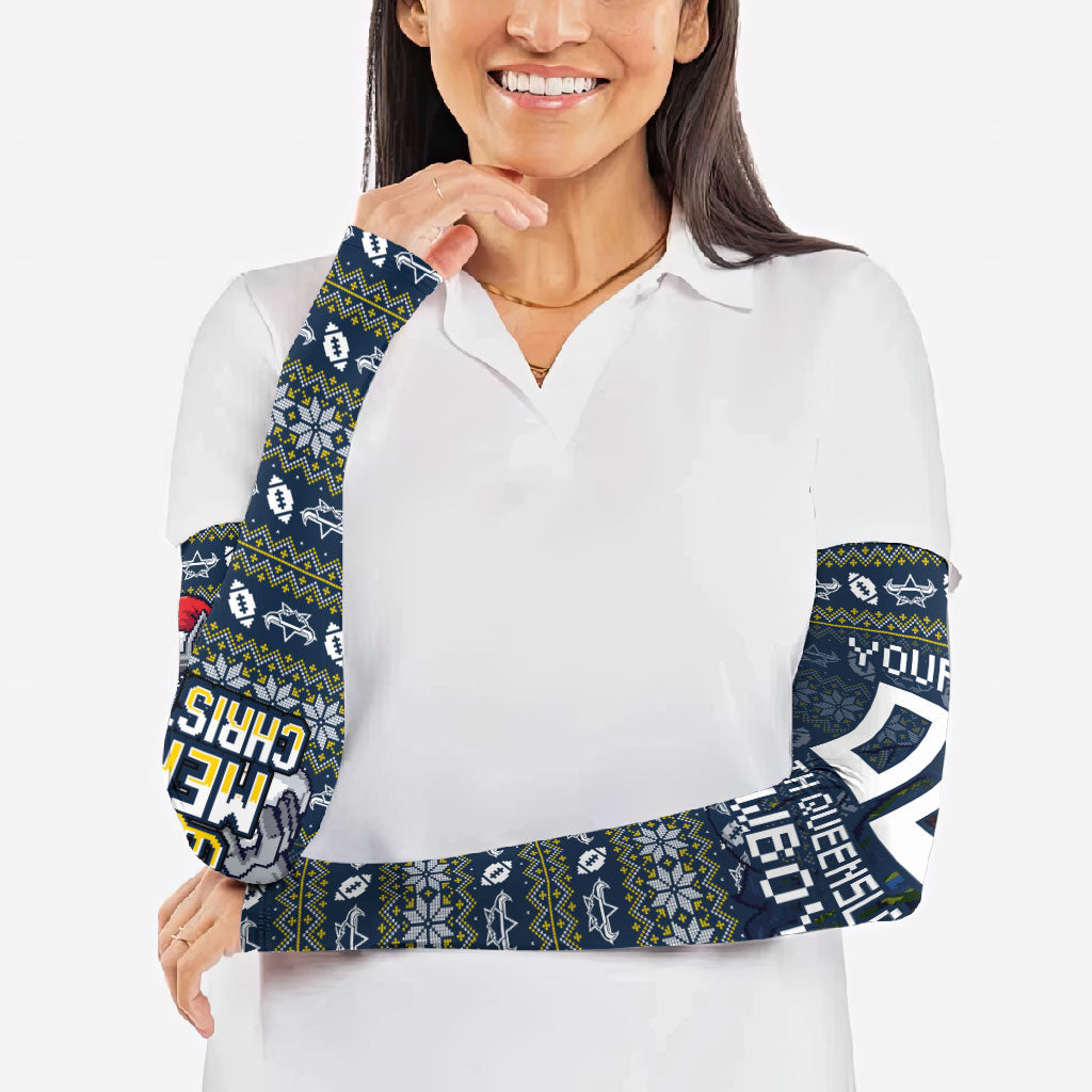 Personalized Cowboys Christmas Arm Sleeves Australian Rugby Fans - Pixelated Ugly Xmas Pattern Mascot Santa