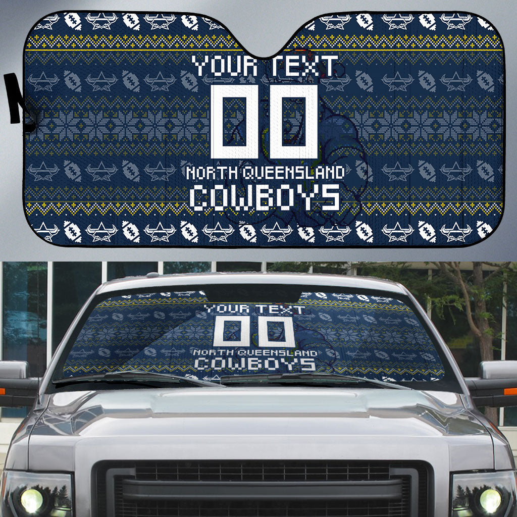 Personalized Cowboys Christmas Auto Sun Shade Australian Rugby Fans - Pixelated Ugly Xmas Pattern Mascot Santa