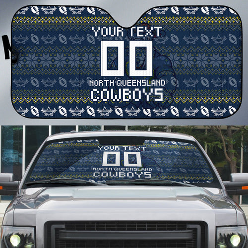 Personalized Cowboys Christmas Auto Sun Shade Australian Rugby Fans - Pixelated Ugly Xmas Pattern Mascot Santa