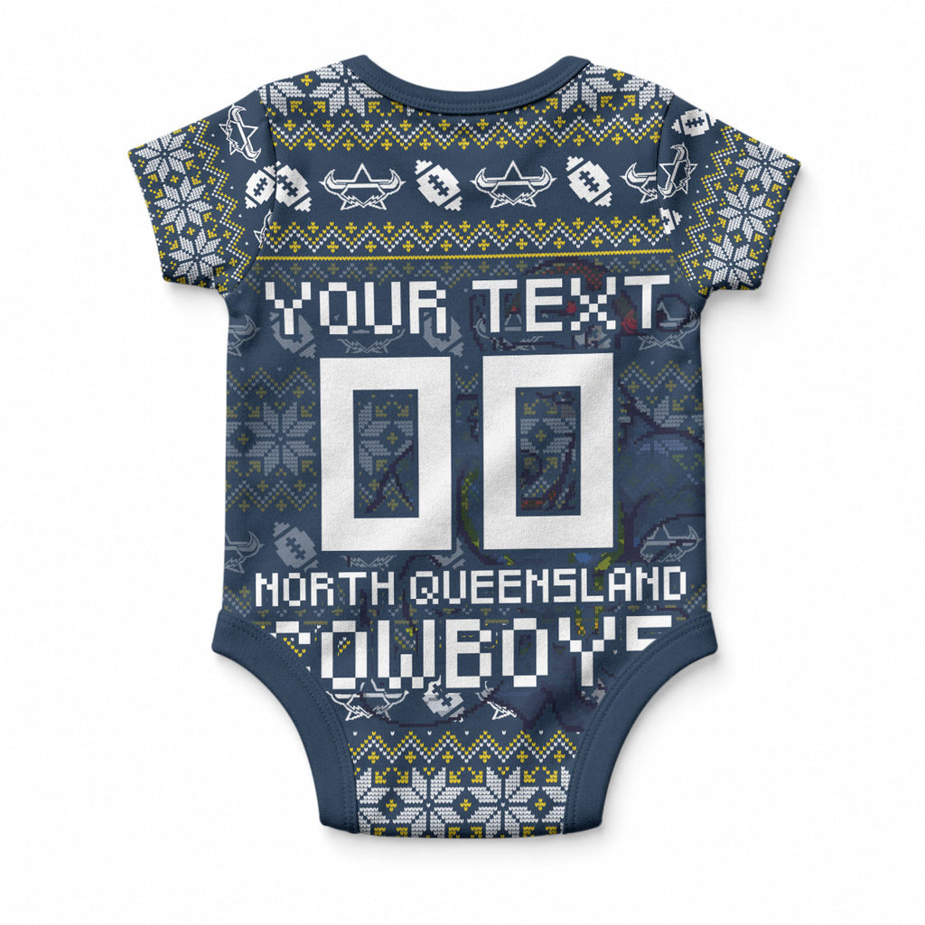 Personalized Cowboys Christmas Baby Onesie Australian Rugby Fans - Pixelated Ugly Xmas Pattern Mascot Santa