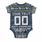 Personalized Cowboys Christmas Baby Onesie Australian Rugby Fans - Pixelated Ugly Xmas Pattern Mascot Santa