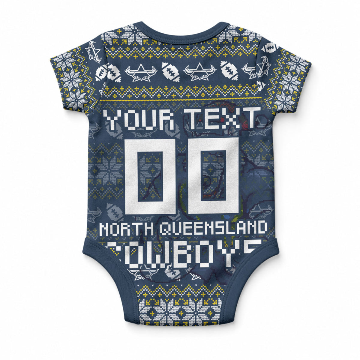 Personalized Cowboys Christmas Baby Onesie Australian Rugby Fans - Pixelated Ugly Xmas Pattern Mascot Santa