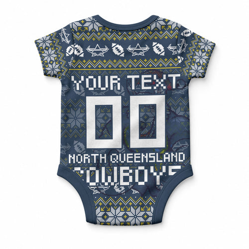 Personalized Cowboys Christmas Baby Onesie Australian Rugby Fans - Pixelated Ugly Xmas Pattern Mascot Santa