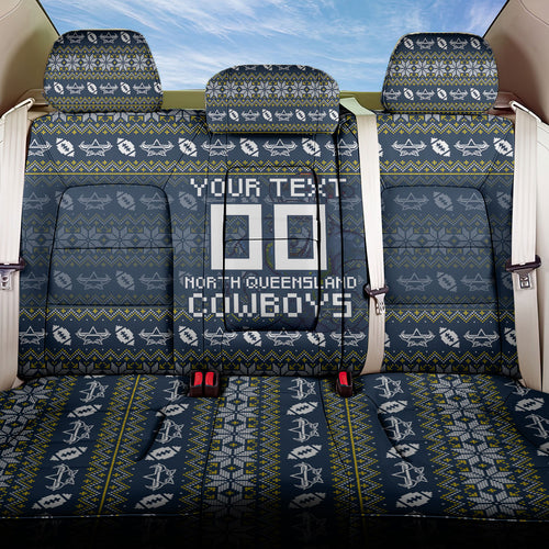 Personalized Cowboys Christmas Back Car Seat Cover Australian Rugby Fans - Pixelated Ugly Xmas Pattern Mascot Santa