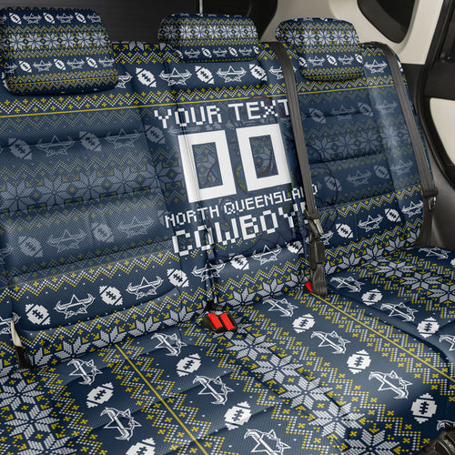 Personalized Cowboys Christmas Back Car Seat Cover Australian Rugby Fans - Pixelated Ugly Xmas Pattern Mascot Santa
