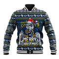 Personalized Cowboys Christmas Baseball Jacket Australian Rugby Fans - Pixelated Ugly Xmas Pattern Mascot Santa
