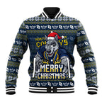 Personalized Cowboys Christmas Baseball Jacket Australian Rugby Fans - Pixelated Ugly Xmas Pattern Mascot Santa