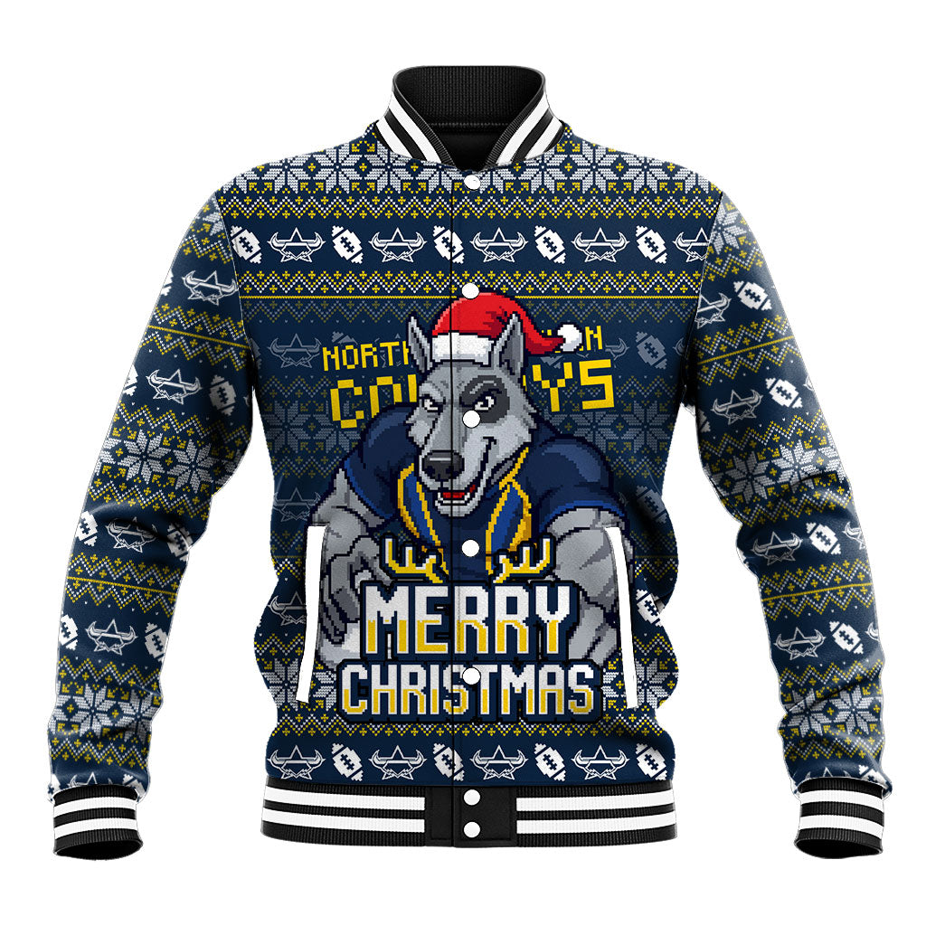Personalized Cowboys Christmas Baseball Jacket Australian Rugby Fans - Pixelated Ugly Xmas Pattern Mascot Santa