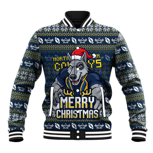 Personalized Cowboys Christmas Baseball Jacket Australian Rugby Fans - Pixelated Ugly Xmas Pattern Mascot Santa