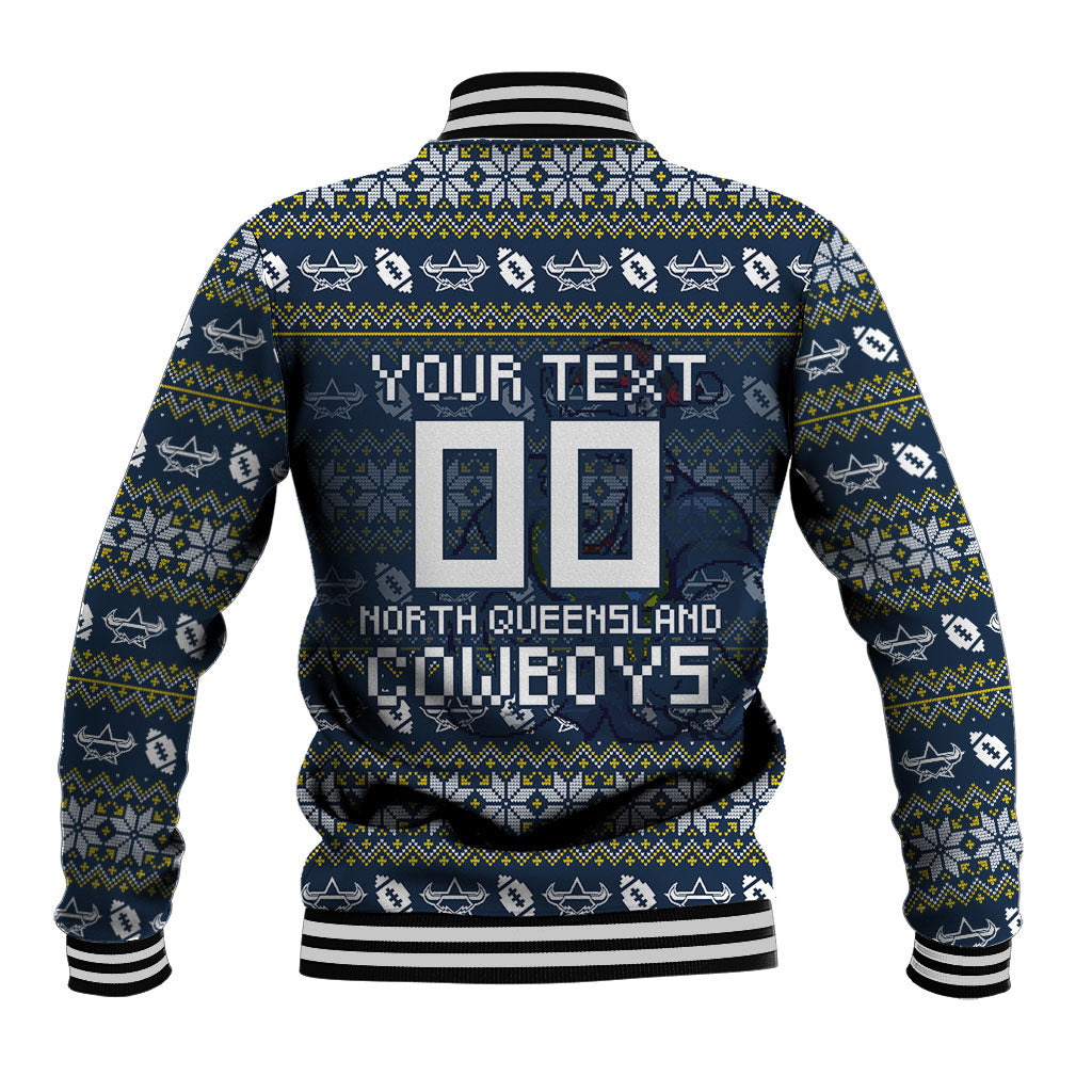 Personalized Cowboys Christmas Baseball Jacket Australian Rugby Fans - Pixelated Ugly Xmas Pattern Mascot Santa