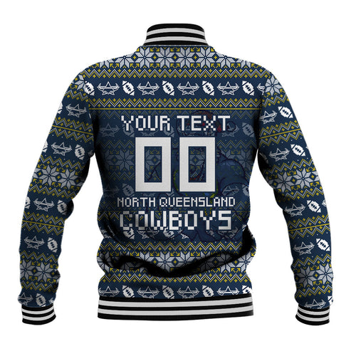 Personalized Cowboys Christmas Baseball Jacket Australian Rugby Fans - Pixelated Ugly Xmas Pattern Mascot Santa