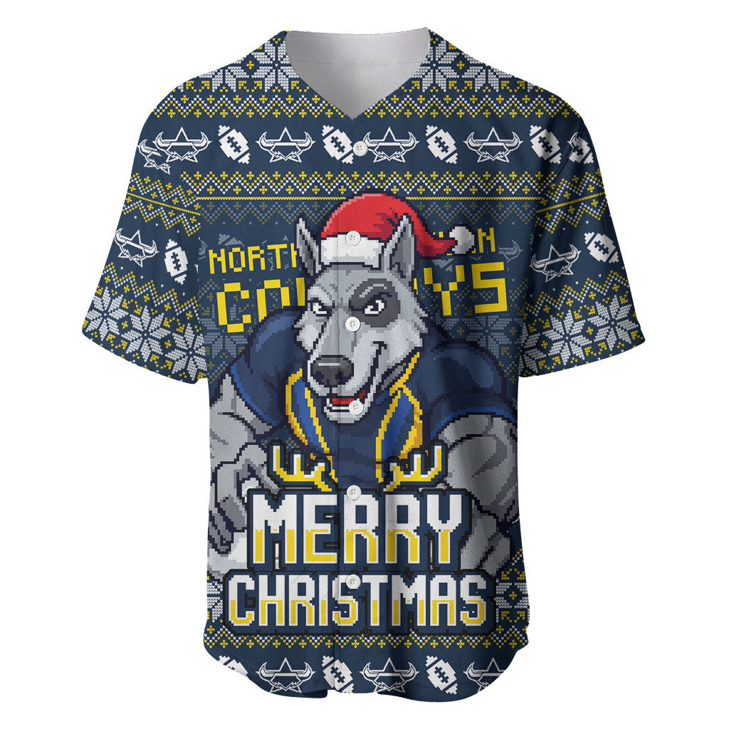 Personalized Cowboys Christmas Baseball Jersey Australian Rugby Fans - Pixelated Ugly Xmas Pattern Mascot Santa